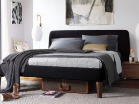 Modern Upholstered Bed With Black Headboard And Wood Legs No Boxpring Platform Bed