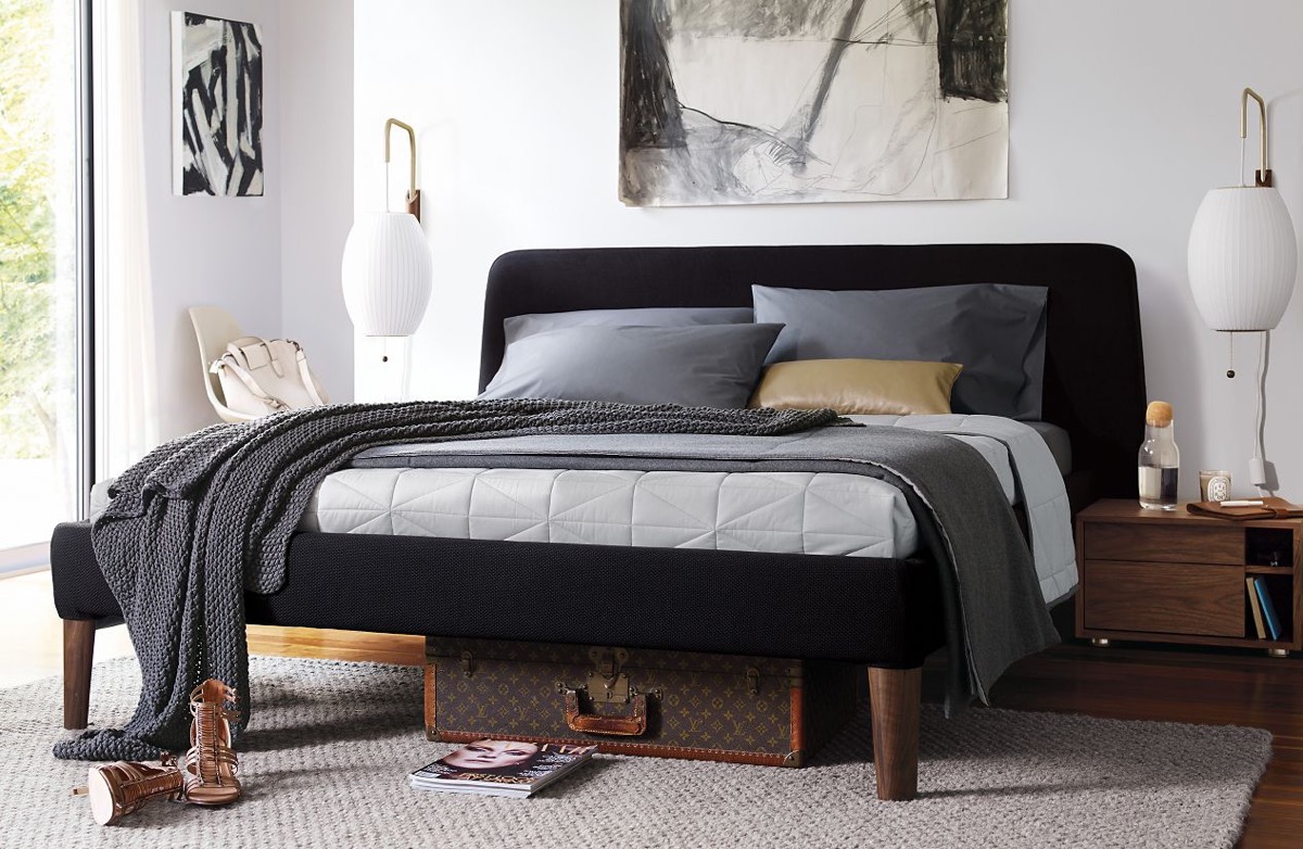 Modern Upholstered Bed With Black Headboard And Wood Legs No Boxpring Platform Bed